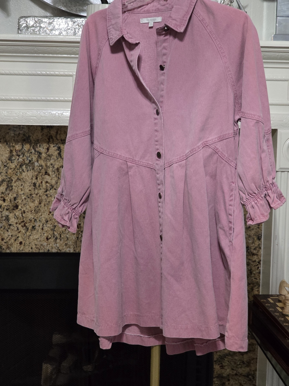 Ruffled Cuff Button-Front Mini Dress in Dusty Pink, Denim Size S Nwot Oversize.